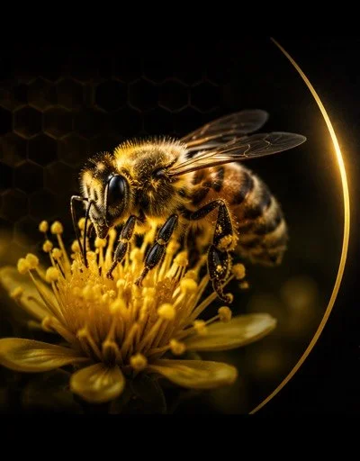 Biene beim Sammeln auf einer gelben Blüte, Makroaufnahme