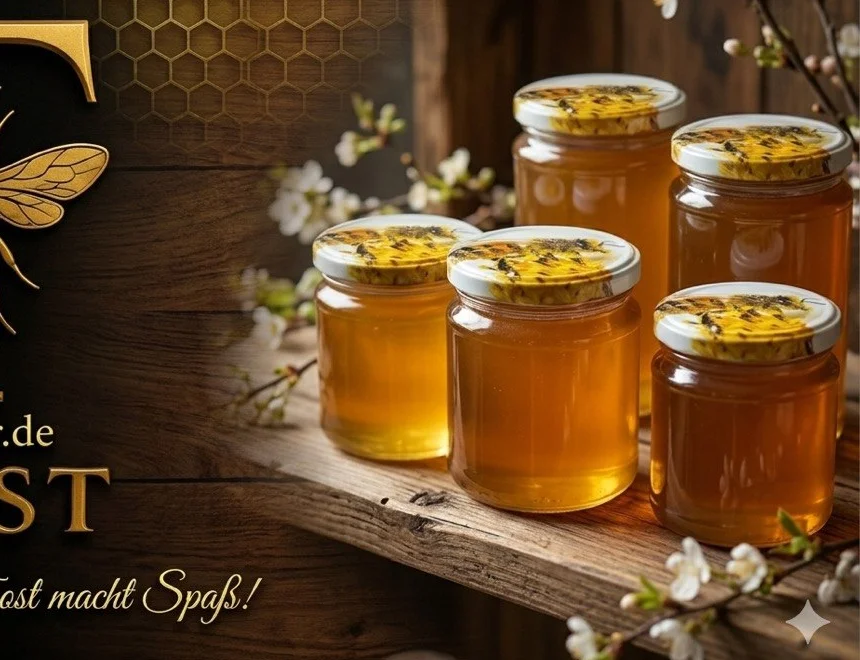 Frisch abgefüllte Honiggläser mit Wabendeckeln zwischen Frühlingszweigen
